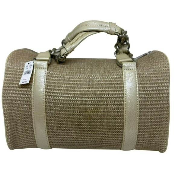 NWT Express Beige Woven Straw & Faux Leather Barrel Bag With Chain Handles - Picture 1 of 5